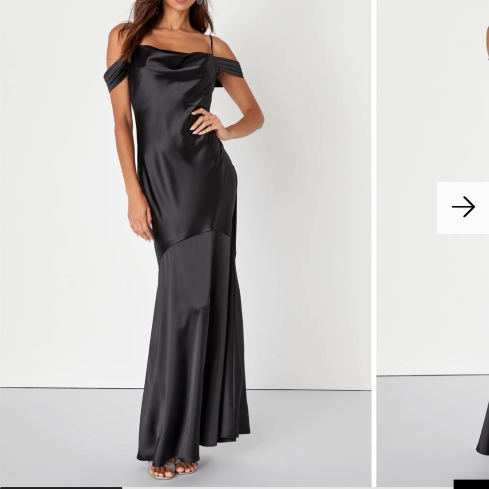 Regal Essence Black Satin Cowl Neck Cold-Shoulder Maxi Dress